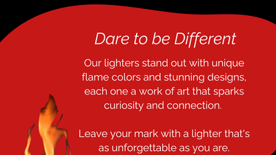 Bold red banner with text 'Dare to be Different' showcasing unique lighter designs with eye-catching flame colors.