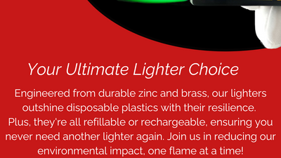 Banner with 'Your Ultimate Lighter Choice' text promoting eco-friendly, refillable, and rechargeable lighter options.