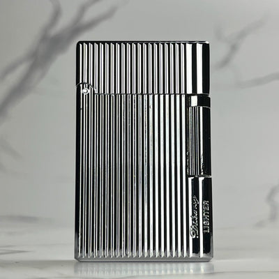 Shiny chrome lighter with vertical stripes and a sleek side-swipe ignition design.