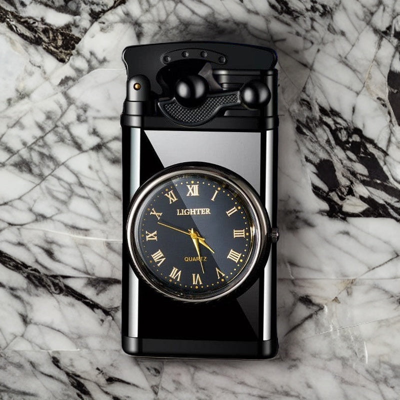 Elegant clock-inspired black lighter featuring a quartz watch face design, resting on a marble surface.