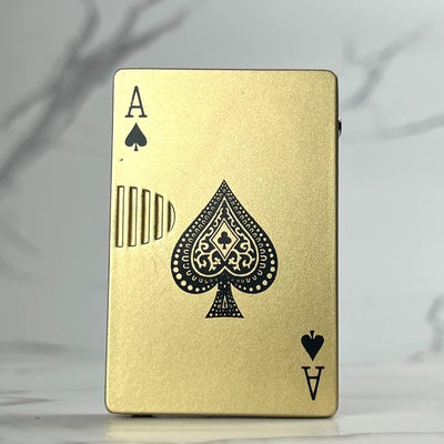 Gold Ace Torch Lighter – refillable butane poker card lighter with metallic gold Ace of Spades design and jet torch ignition