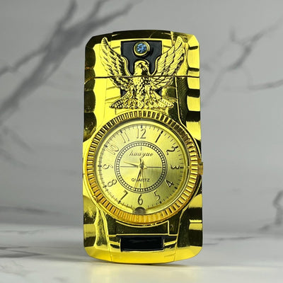 Gold torch lighter with built-in watch face and engraved eagle emblem.