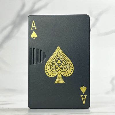 Matte black playing card lighter with gold Ace of Spades artwork.