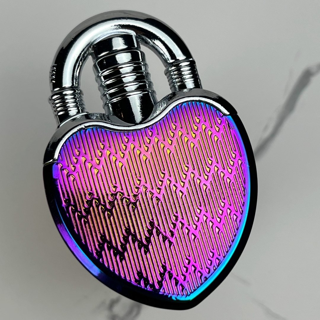 Colorful rainbow heart-shaped lock lighter with reflective chrome accents.