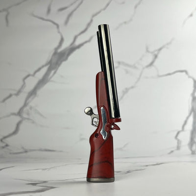 Double flame shotgun-style lighter with woodgrain handle and silver barrel.