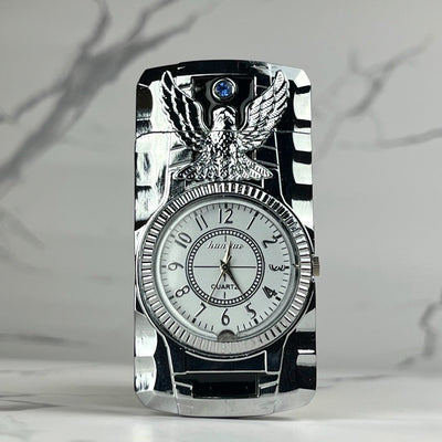 Chrome silver lighter with quartz watch and raised eagle design.