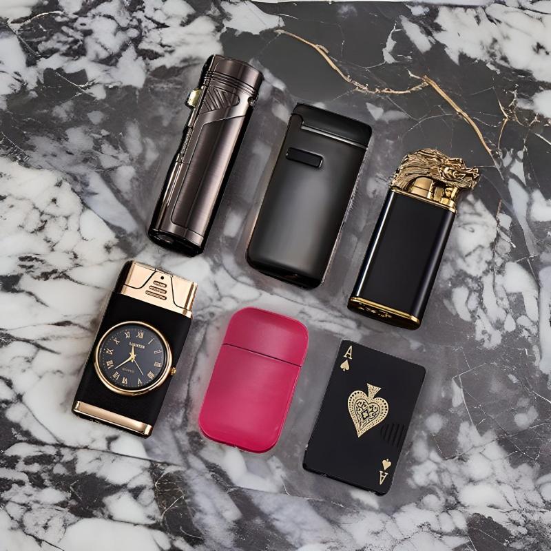 Six-pack lighter bundle featuring a variety of stylish designs, including playing card, dragon, and clock-inspired lighters, displayed on a marble surface.