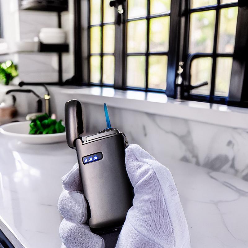 Sleek dual arc blue flame torch lighter with LED indicators, held in a gloved hand, set in a modern kitchen environment.