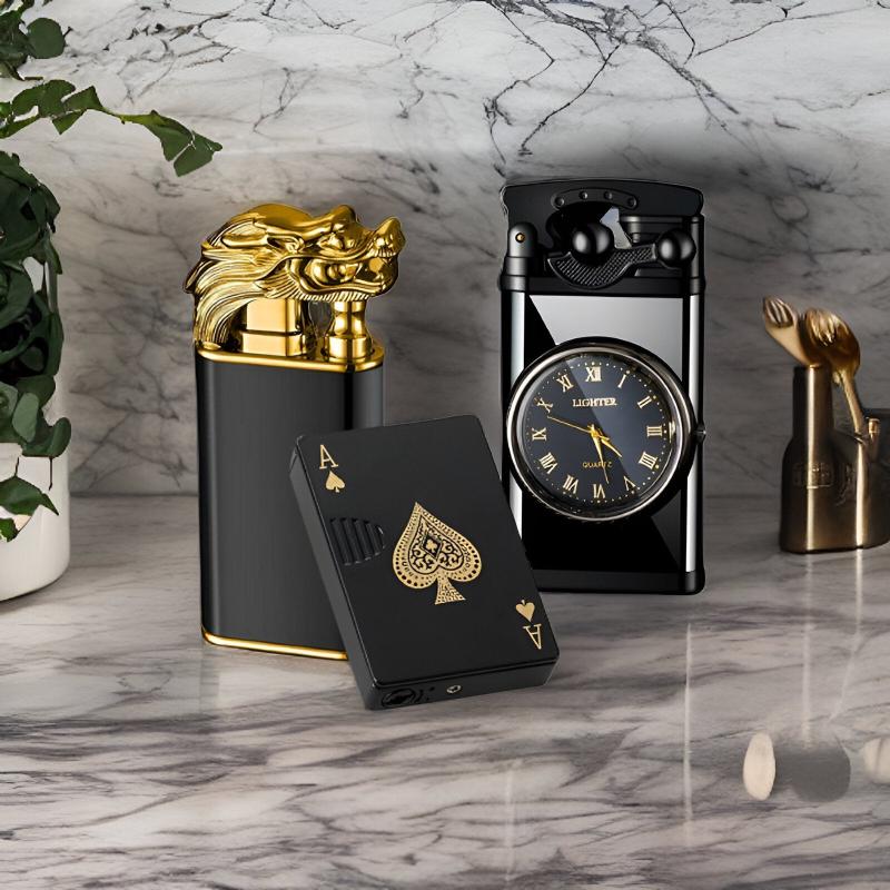 Triple Threat Bundle showing a dragon-themed lighter, a clock-inspired lighter, and a playing card lighter, styled with modern decor.