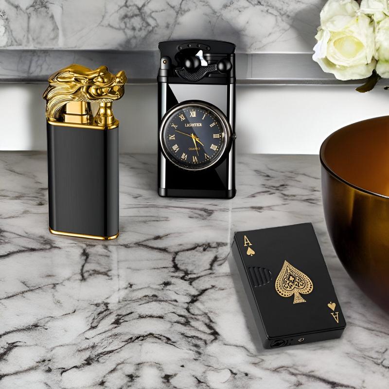 Triple Threat Bundle featuring three stylish lighters: a dragon-themed gold and black lighter, a clock-inspired lighter, and a playing card lighter, displayed on a marble surface.